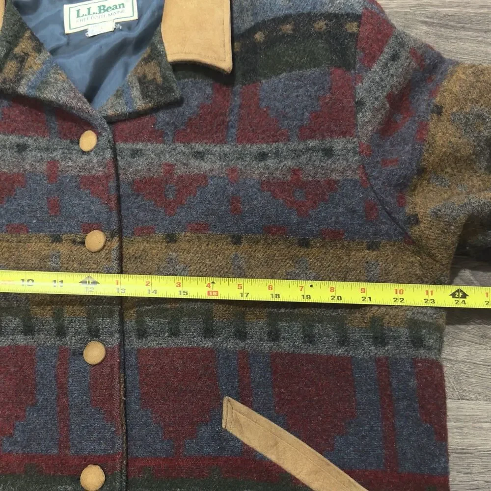 Vintage LL Bean Wool Aztec Barn Chore Jacket Southwestern L Suede Trim USA 90s - Picture 6 of 11